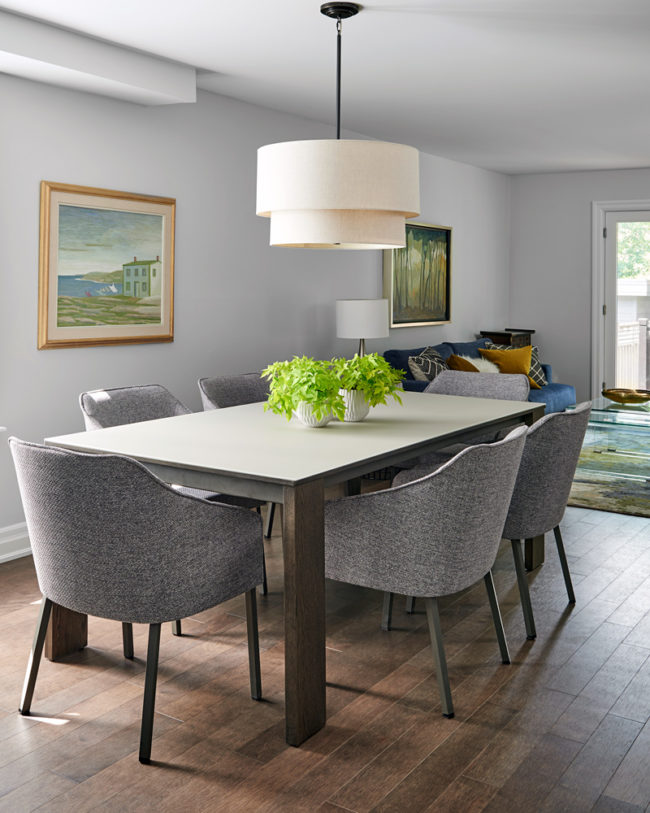 modern oak brown-gray base table with frosted glass top plus modern grey chairs
