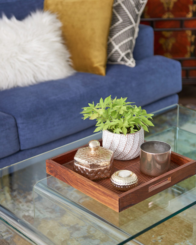 Modern glass coffee table with a walnut tray and planter on it - fine finishes design inc